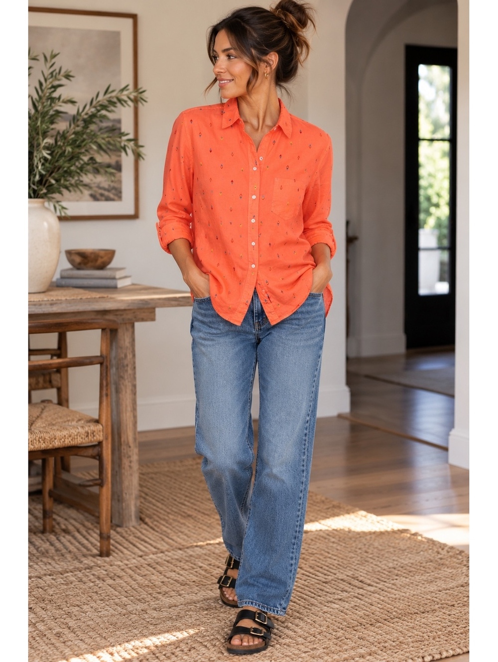 Gap Factory Boyfriend Fit Button-Up Shirt in Coral Embroidered Details, Size M